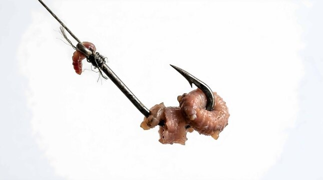 Earthworm bait attached to a sharp metal hook for recreational angling