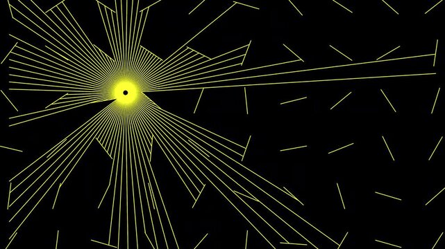 Reflection of Radial Lines in a Geometric Array.On a black background, numerous lines radiate outward from the origin point and are reflected by short lines arranged in an array.