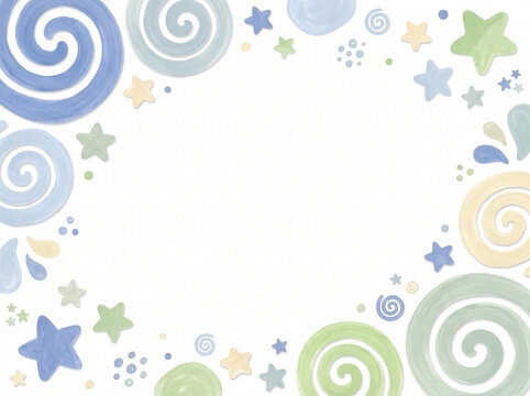 Pastel watercolor abstract background frame with soft stars and swirls, blank copy space