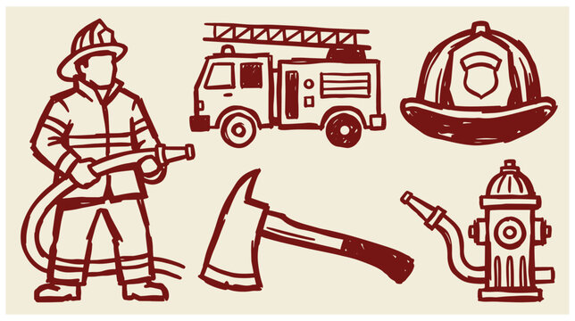 Set of firefighting equipment and emergency doodle icons featuring firefighter fire truck helmet axe fire hydrant safety set rescue symbols protection art hand drawn line art emergency