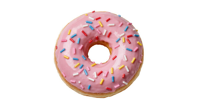 Pink frosted donut with colorful sprinkles, isolated on transparent background