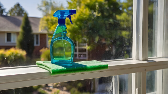 Professional green glass cleaner spray bottle and a microfiber cloth sitting on a bright window sill.