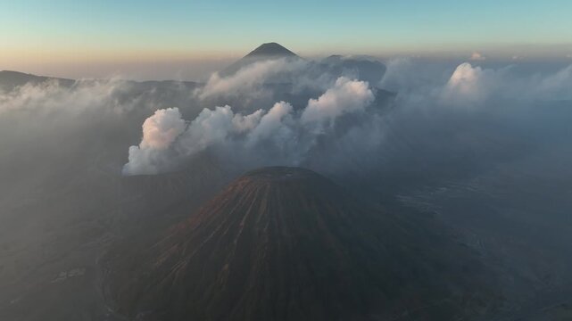 Aerial view of natural landscape of Mount Bromo with sunrise in Java, Indonesia