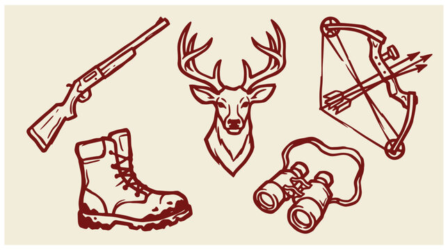 Hunting gear deer head rifle bow arrows boots and binoculars red icons set with binoculars wildlife adventure equipment survival wilderness illustration recreation footwear activity
