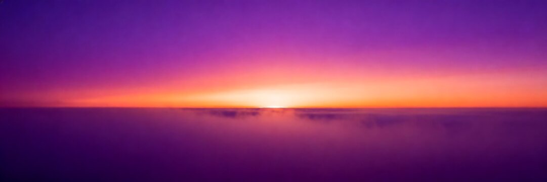 A minimal infinite horizon blends deep purple into warm orange with a soft glowing light line and gentle fog depth effect