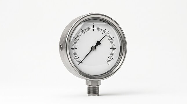 Industrial pressure gauge with metal casing isolated on a clean white background