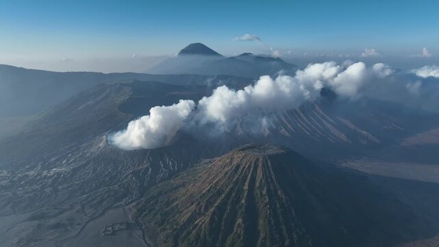 Aerial view of natural landscape of Mount Bromo with sunrise in Java, Indonesia