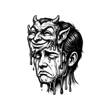 Surrealistic high-contrast black and white illustration of a smiling satirical mask melting like hot wax over a sad, crying human face, symbolizing the collapse of social persona and inner pain.
​