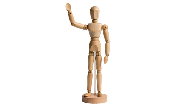 Wooden artist mannequin waving hand, isolated on transparent background