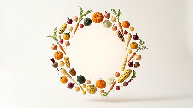 Autumn wreath made of miniature pumpkins and dried flowers on a light background