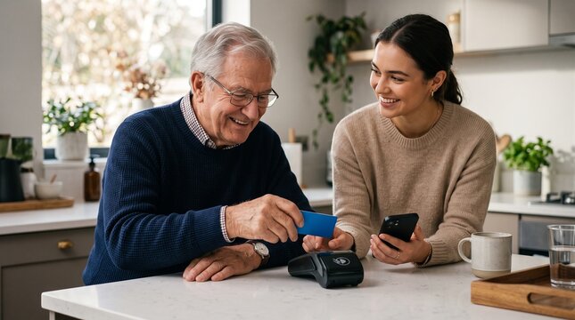 Senior man making a contactless payment with a credit card at a kitchen counter while a young woman watches digital wallet payment terminal tap to pay financial literacy spending