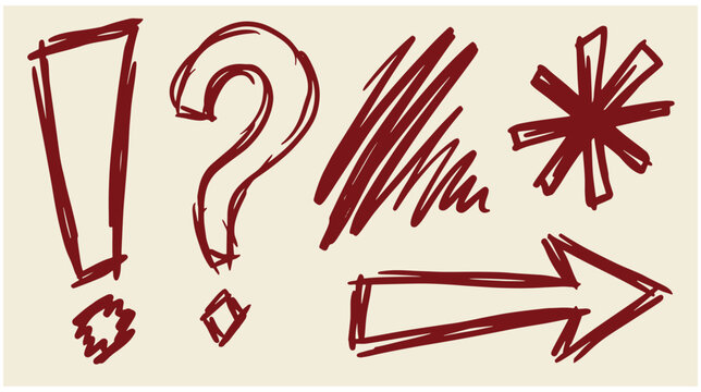 Hand drawn punctuation and direction symbols with grunge texture question mark punctuation exclamation asterisk graphics elements scribble illustration creative pointing isolated