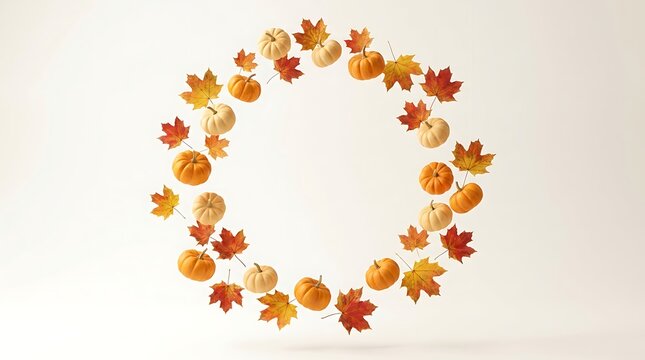 Autumn leaves arranged in a circular frame on a light gray background