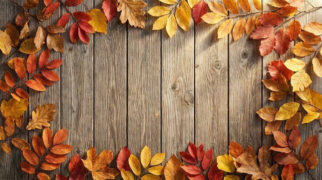 Autumn leaves frame a rustic wooden background for fall season celebrations