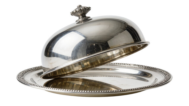Polished silver cloche serving dish with ornate knob, isolated on transparent background