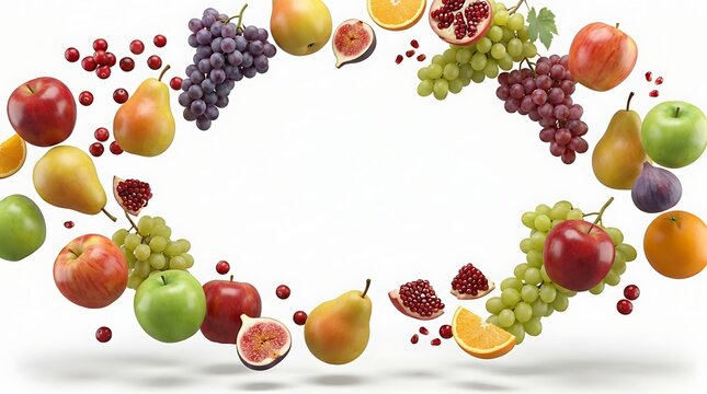 Assorted fresh fruits floating in a circular arrangement on a white background