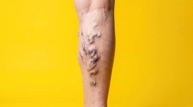 Severe Varicose Veins on Lower Leg of Patient against Yellow Background