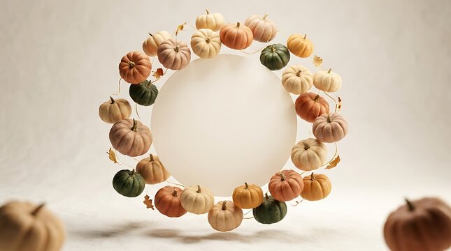 Autumn harvest wreath made of miniature pumpkins and gourds on a marble surface