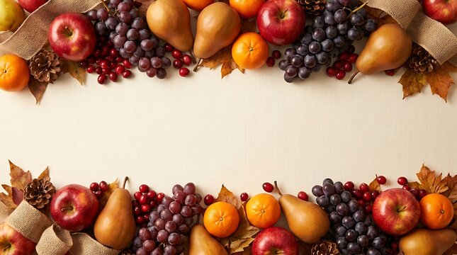 Abundant arrangement of fresh autumn fruits along top and bottom borders