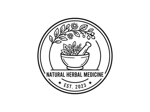 Herbal medicine mortar pestle and plant logo emblem circular design