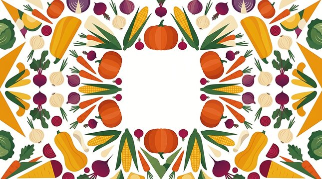 Kaleidoscope of vibrant autumn harvest vegetables arranged in a symmetrical pattern