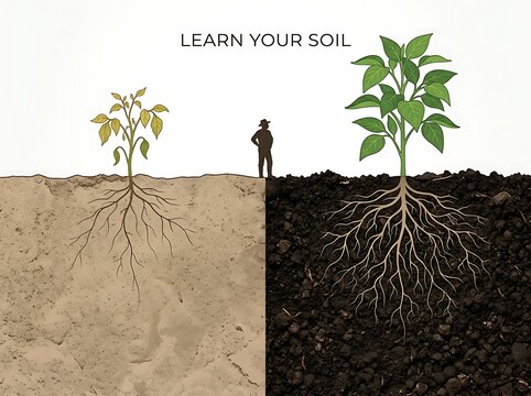 Conceptual illustration showing comparison of plant growth in poor soil versus healthy soil with a farmer standing in the center to highlight the importance of learning your soil