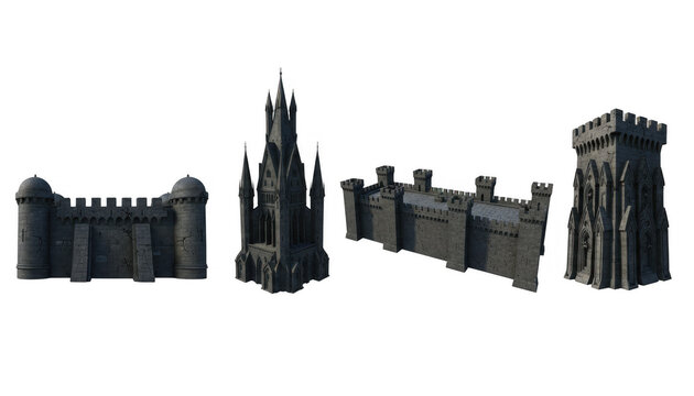 Set of Medieval Stone Castle Walls and Gothic Towers