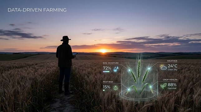 Farmer standing in wheat field at sunset using digital tablet for data driven crop health monitoring and precision agriculture analytics for sustainable farm management and optimization