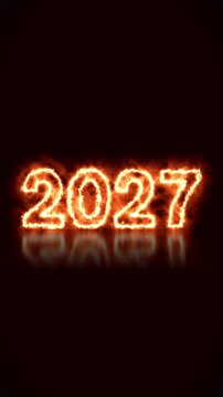 Vertical video animation of an abstract fire with the year 2027 on a reflective floor - represents the new year 2027 - happy new year concept.