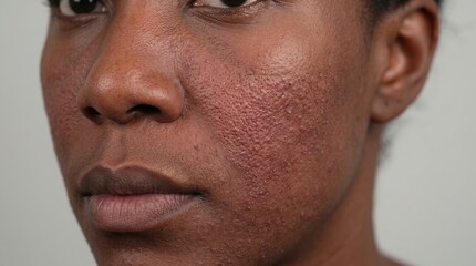 Fototapeta premium Textured Skin and Irritated Papular Acne on Black Woman Cheek and Jawline