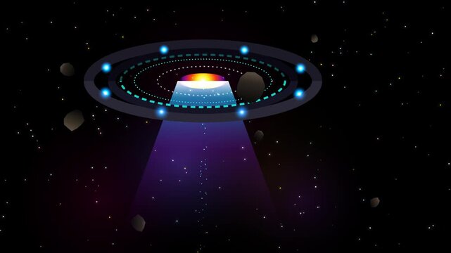 A glowing ufo flying saucer emitting a beam of light in deep outer space with stars and floating asteroids around the circular metallic spaceship in a dark starry galaxy 4k Motion Video