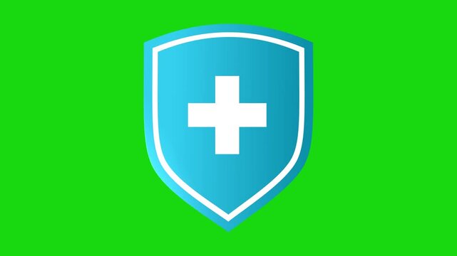 Pharmacy, medical, health insurance symbol or icon, shield pop up animation, on green background