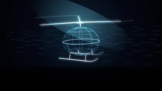 Abstract digital wireframe helicopter icon glowing with light lines in a dark cyberspace environment representing global aviation technology and futuristic air travel concepts 4k Motion Video