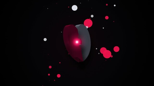 Broken heart shape symbol with a dark gray color floating in front of a bright red circle on a black background with small floating particles for love concepts 4k Motion Video