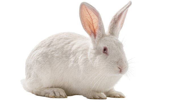 Fluffy white rabbit with long ears, sitting calmly isolated on transparent background