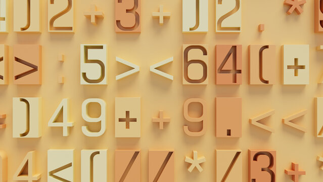 Dynamic 3D Composition of Colorful Numbers and Mathematical Symbols on Textured Yellow Background, Abstract Digital Art for Educational and Creative Design Applications