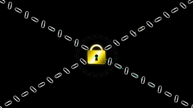 Golden padlock locked in the center of crossing metal chains representing security and data protection against a dark black background for digital safety concepts 4k Motion Video