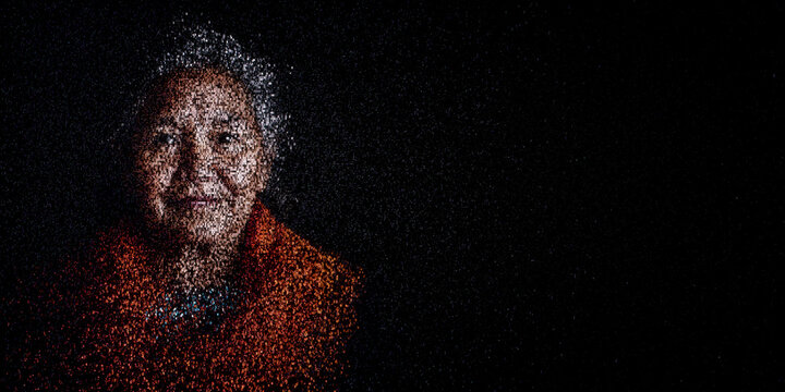 Digital ID Portrait of Indigenous Woman with Face made up of Computer code. Zero trust Concept with copy-space.