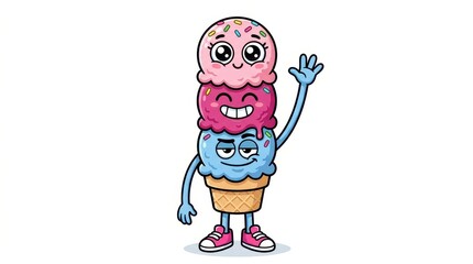 Fototapeta premium Cute Cartoon Ice Cream Cone Character with Three Colorful Scoops Waving Hello, Kawaii Vector Illustration for Kids
