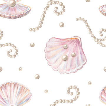 Seamless pattern with pink seashells, natural pearl beads and strand necklaces. Hand drawn watercolor illustration isolated on. Ornate marine sea shell graphic art background