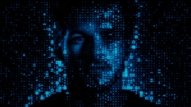 Man's Face made of Source Code, illustrating Passkey Security Concept.