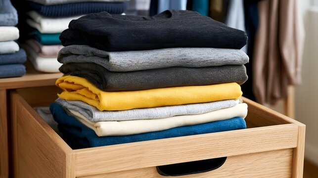 Neatly folded stack of colorful t shirts in a wooden drawer  showcasing organized closet storage with soft natural lighting