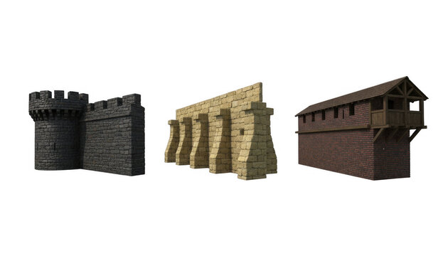 Set of Medieval Fortress Wall Sections and Castle Architecture