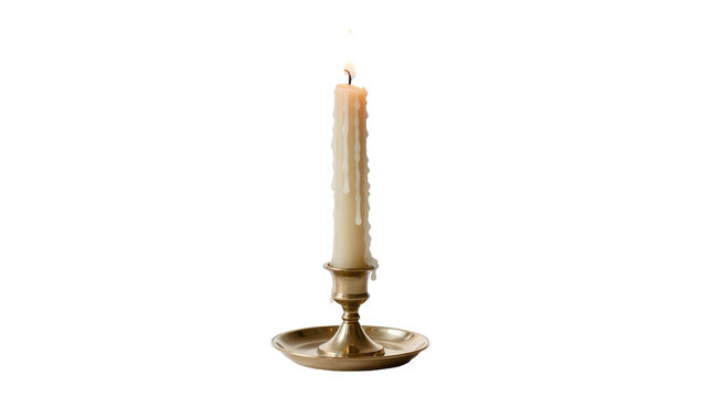 Tall dripping wax candle in brass candlestick holder, isolated on transparent background