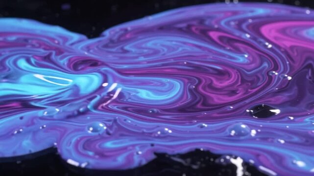 Abstract liquid paint swirl with vibrant blue and purple colors blending together on a reflective dark surface, creating a fluid marble effect