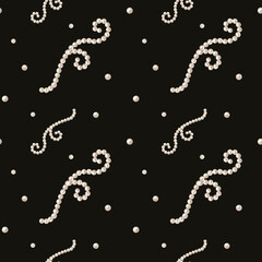 Seamless pattern with white pearl strand necklaces and shiny beads on black. Hand drawn watercolor illustration isolated on. Ornate jewelry pearl wave graphic art background © Mariia