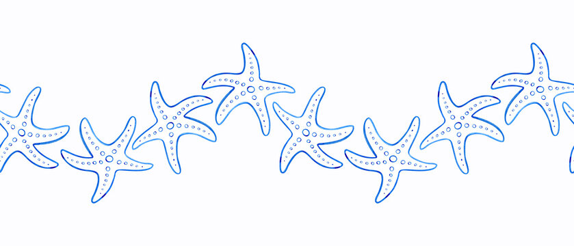 Watercolor seamless border with blue starfish line art. Mediterranean Illustration template for printing wrapping paper, packaging, fabric.