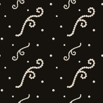 Seamless pattern with white pearl strand necklaces and shiny beads on black. Hand drawn watercolor illustration isolated on. Ornate jewelry pearl wave graphic art background