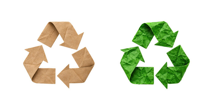Brown kraft paper and green crumpled paper recycling symbols with folded arrows, isolated on a white background, representing sustainability, environmental conservation, reuse, and circular economy 