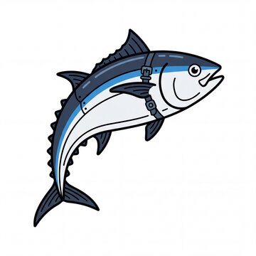 Happy cartoon tuna fish illustration with a harness jumping high